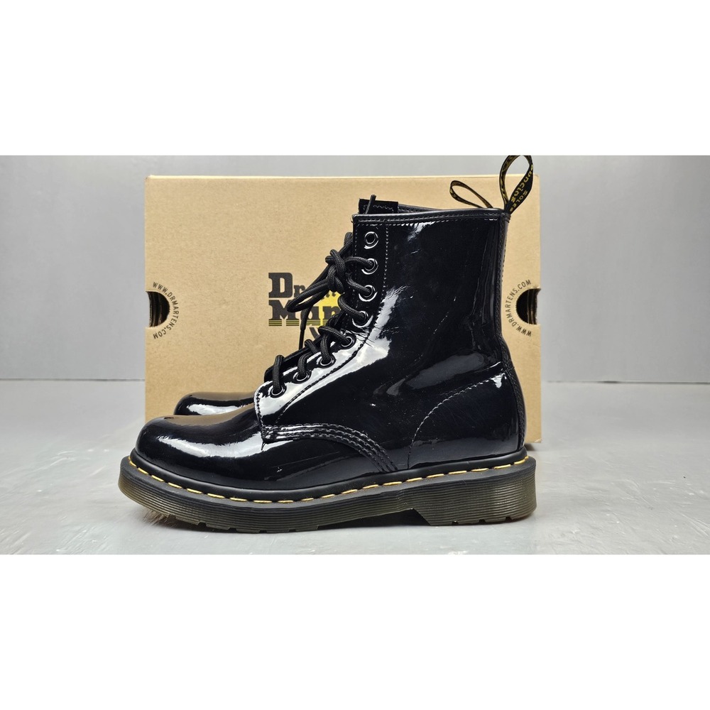 Dr. Martens 1460 Patent Leather Boots Womens 7 Black Lamper Lace Up With Box
